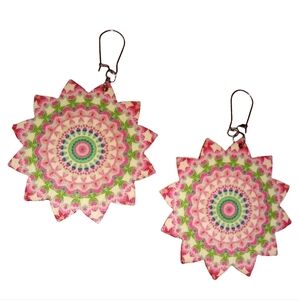 Floral Mandala Earrings Bohemian Round Wood Pink Green Boho Flower Steel Wires